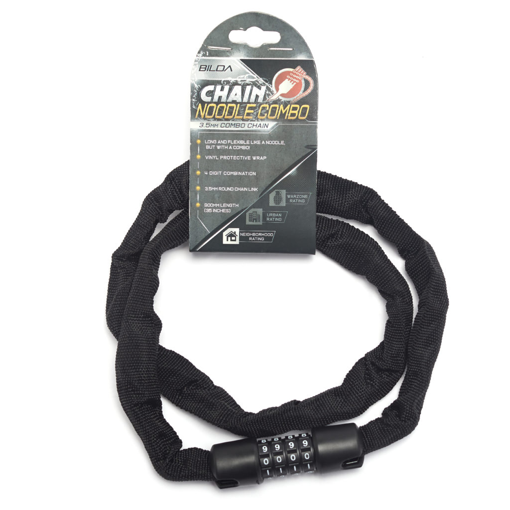 Long and flexible, just like a noodle! The Bilda Chain Noodle is a ~3ft long combination chain lock! This lock is a great option for short trips and storage in non urban areas. Resettable combination!