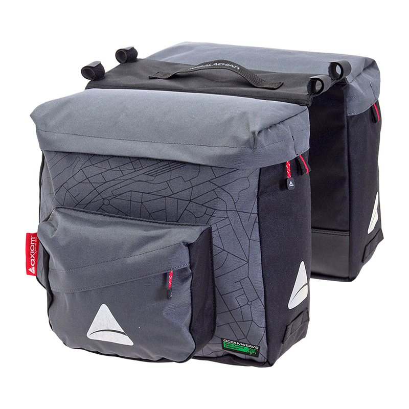 A no nonsense pannier set for the everyday commuter
 	Oceanweave 600D recycled fishnet polyester with waterproof polyurethane coating; red interior liner on back-plate improves internal visibility
 	Velcro platform mounting straps and bungee hook mount
 	Zippered main compartment and side pockets


 




Mount:
Hook and Strap
Volume:
1516 c.i. (Pair)


Color:
Grey/Black
Bag Size Class:
XXX-Large (700+ c.i.)




 


This product is warehoused with our suppliers and may take a few days to become available for in store pickup. If you need this item shipped, it will be processed and shipped within 2 business days. 